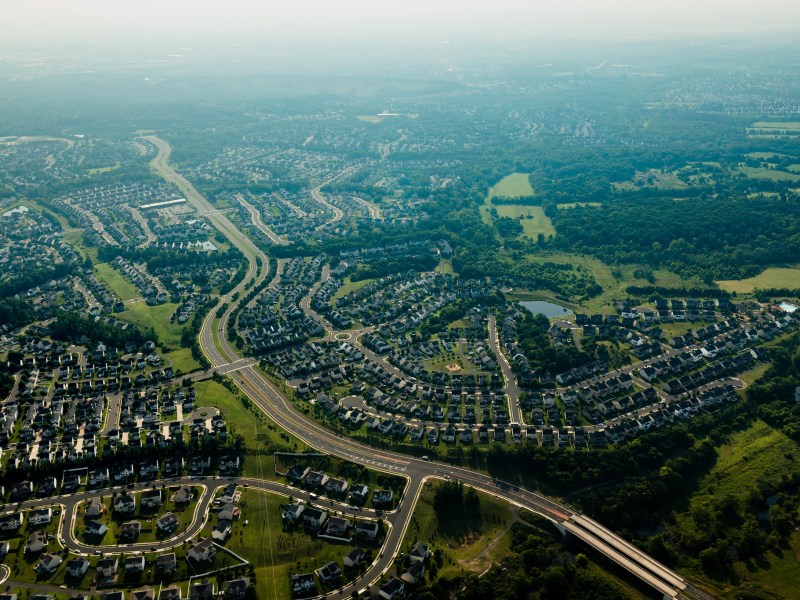 Aerial view of residential development along Interstate 66 in Bristow, Virginia.