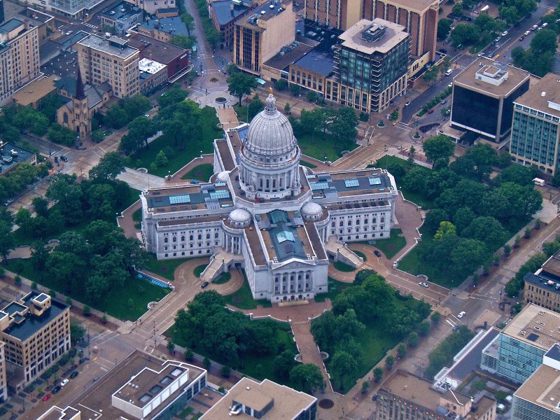 An aerial view of the Wisconsin State Capitol in Madison.
