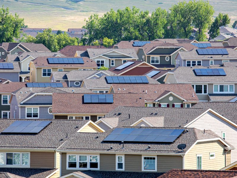A neighborhood near Golden, Colorado, in which the majority of the homes have rooftop solar installations.