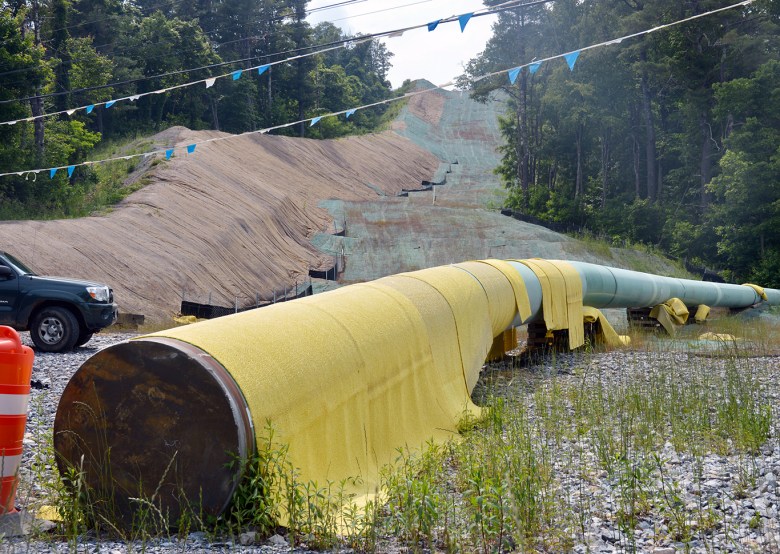 A piece of the pipeline is positioned in a cleared section of a valley between Bent Mountain and Poor Mountain.