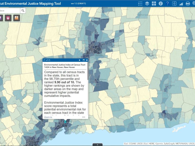 A screenshot of the Connecticut Environmental Justice Mapping Tool with Census Tract 1424 in New Haven, as an example of the tool's Environmental Justice Index. A callout box reads: "Compared to all census tracts in the state, this tract is in the 98.75th percentile and ranked 9.90 out of 10. The higher rankings are shown by darker areas on the map and represent higher potential cumulative impacts." The surrounding map illustrates each census tract in Connecticut in varying shades of blue, with darker shades indicating a higher index score on a 1-10 scale.