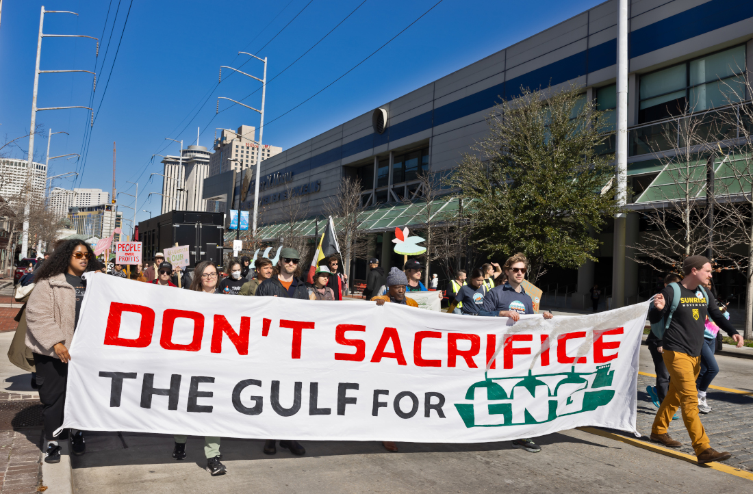 Protesters hold a banner reading "Don't sacrifice the Gulf for LNG" at a protest in New Orleans.