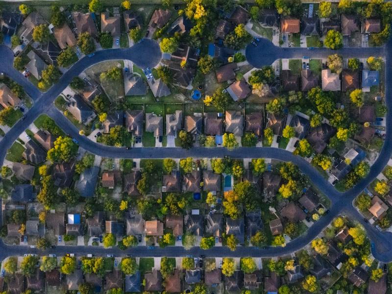 Bird's eye view of a suburban-style neighborhood.