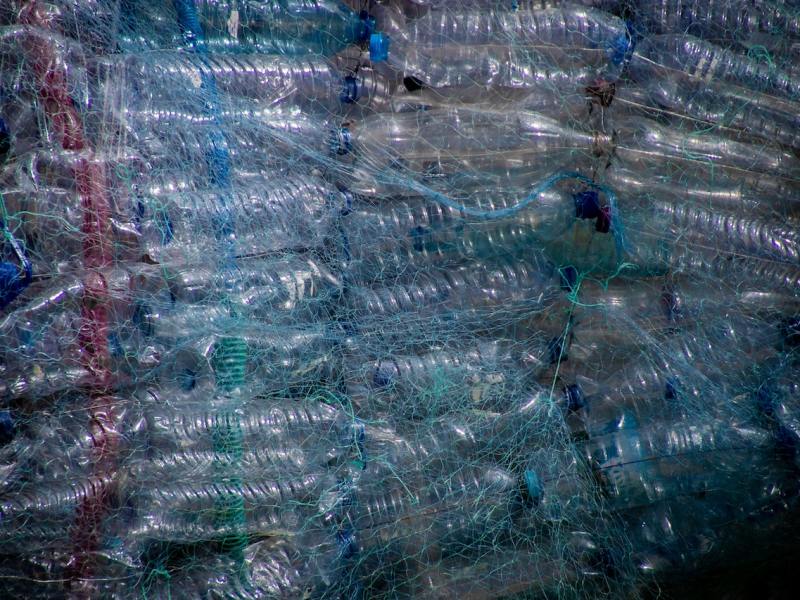 A bundle of plastic water bottles.