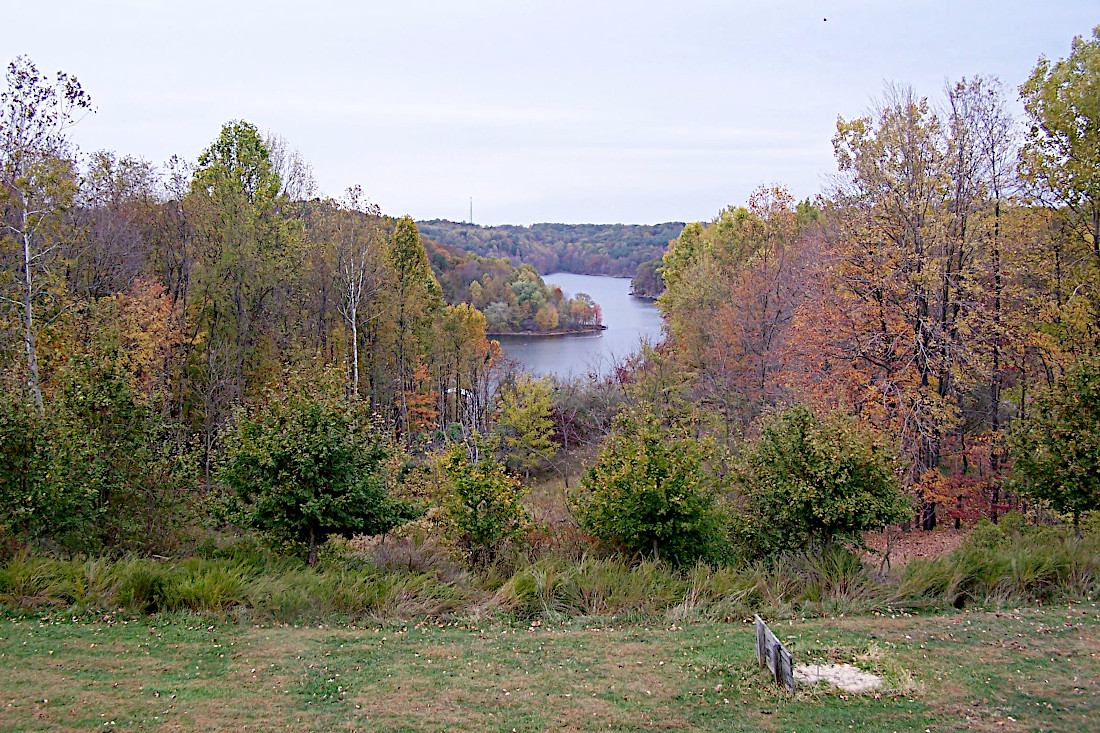 A scenic view of the river and trees at Salt Fork State Park in Ohio.