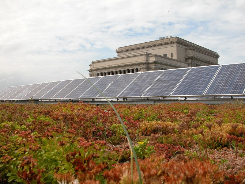 Solar panels and a green roof atop Milwaukee's downtown public library.