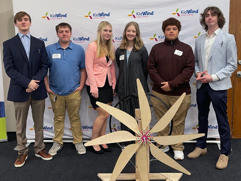 The six members of The Goon Squad from Smithfield High School in Virginia are, from left to right, Eli Robbins, Nick Evans, Lindsey Greer, Shelby Huffaker, Aiden Hall and Jacob Miller. They are pictured with a wooden wind turbine model.