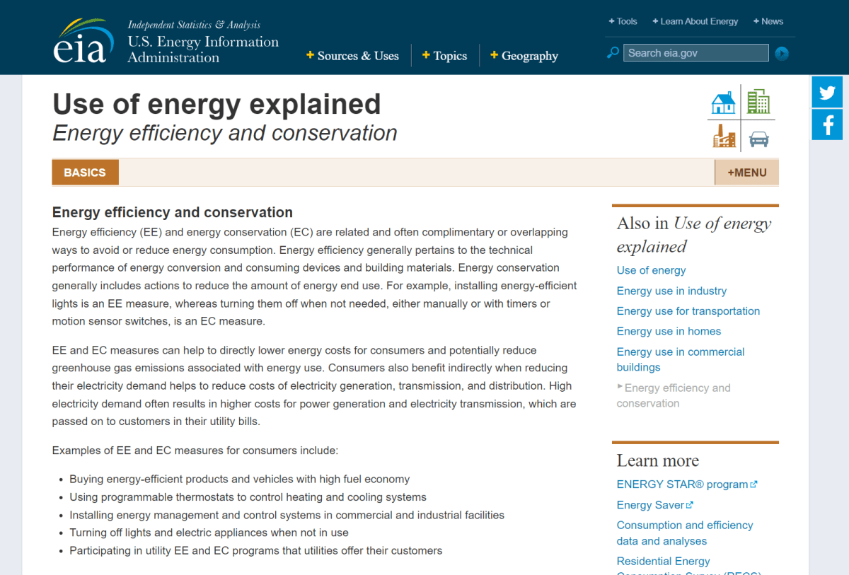 An updated U.S. Energy Information Administration web page describes energy efficiency and energy conservation as "related and often complimentary or overlapping ways to avoid or reduce energy consumption."