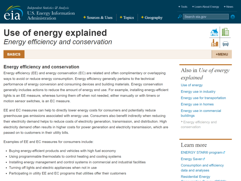 An updated U.S. Energy Information Administration web page describes energy efficiency and energy conservation as "related and often complimentary or overlapping ways to avoid or reduce energy consumption."